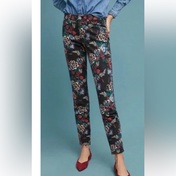 Pilcro and the Letterpress Denim - LIKE NEW- Anthropologie Pilcro Mid Rise Skinny Black Floral Jeans